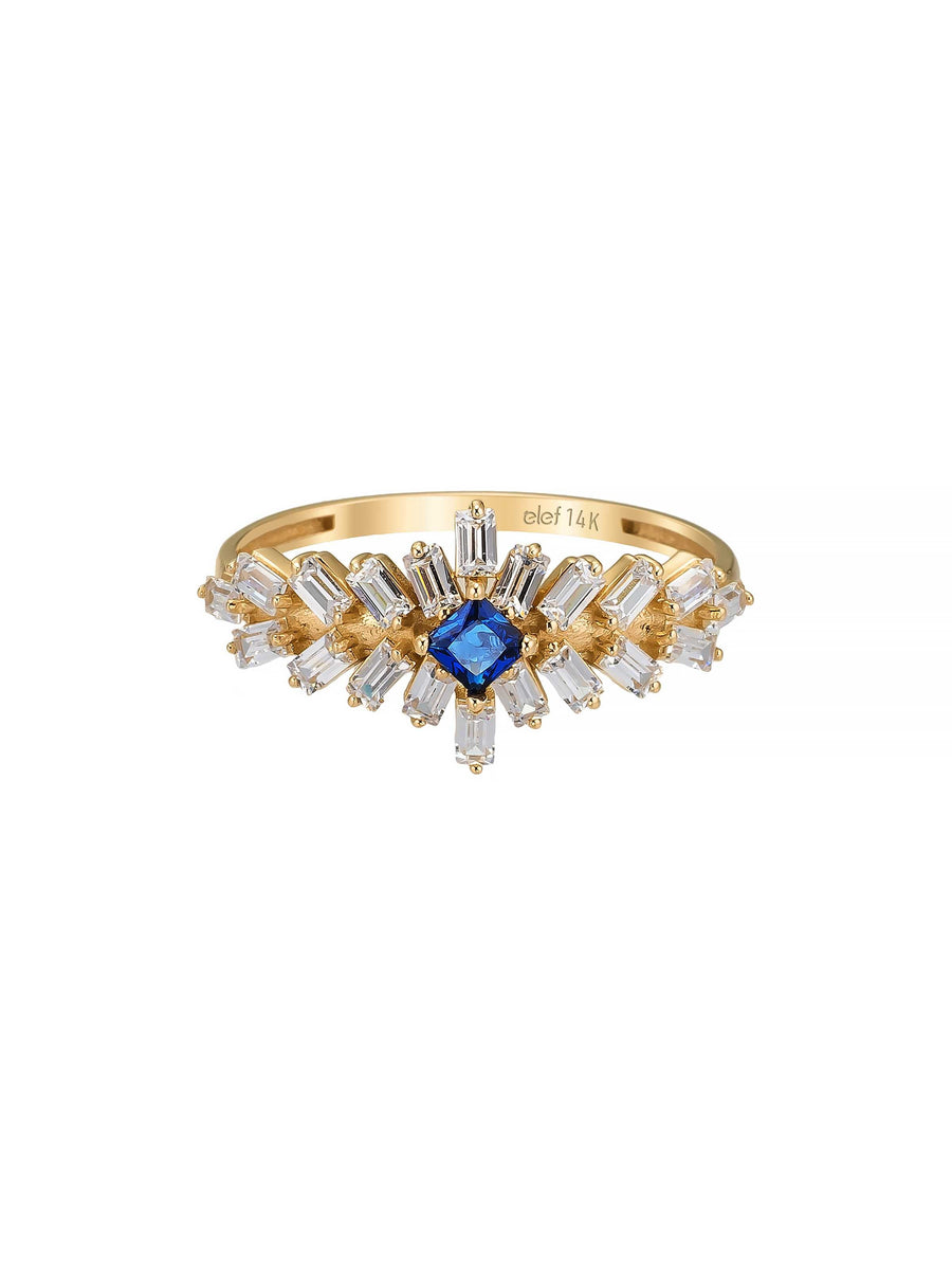 Baguette & Prenses Cut Sapphire-Inspired Stone Art Deco Ring in 14K Gold