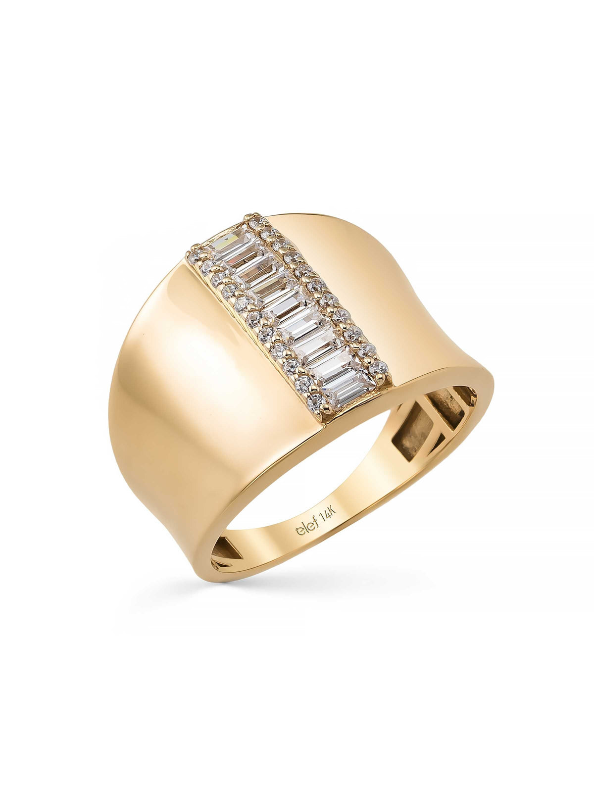 Baguette & Round Stone-Set Wide Form Ring in 14K Gold by Elef Jewelry