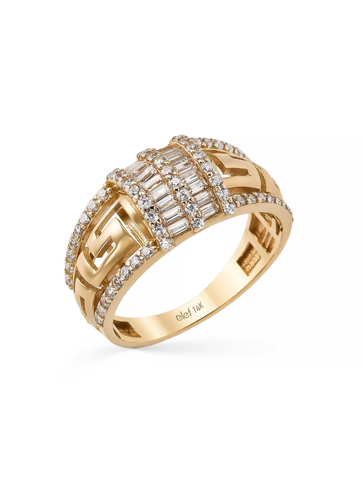 Baguette & Round-Cut Stone Geometric Ring in 14K Gold by Elef Jewelry