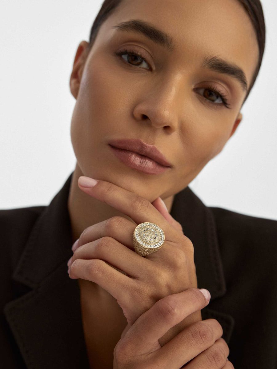 Baguette & Round-Cut Stone Statement Ring in 14K Gold