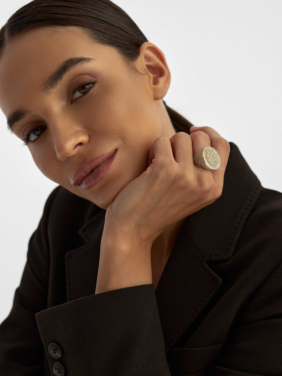 Baguette & Round-Cut Stone Statement Ring in 14K Gold