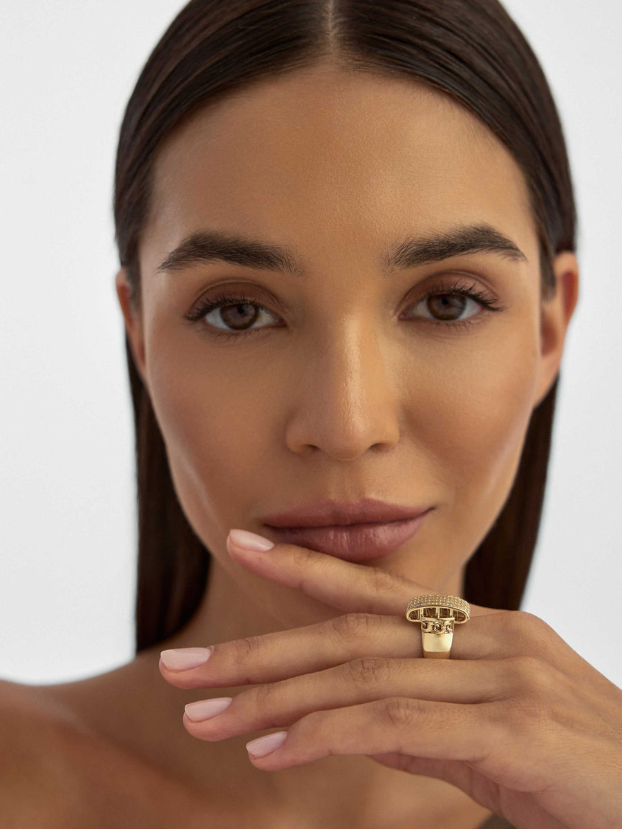 Baguette & Round-Cut Stone Statement Ring in 14K Gold