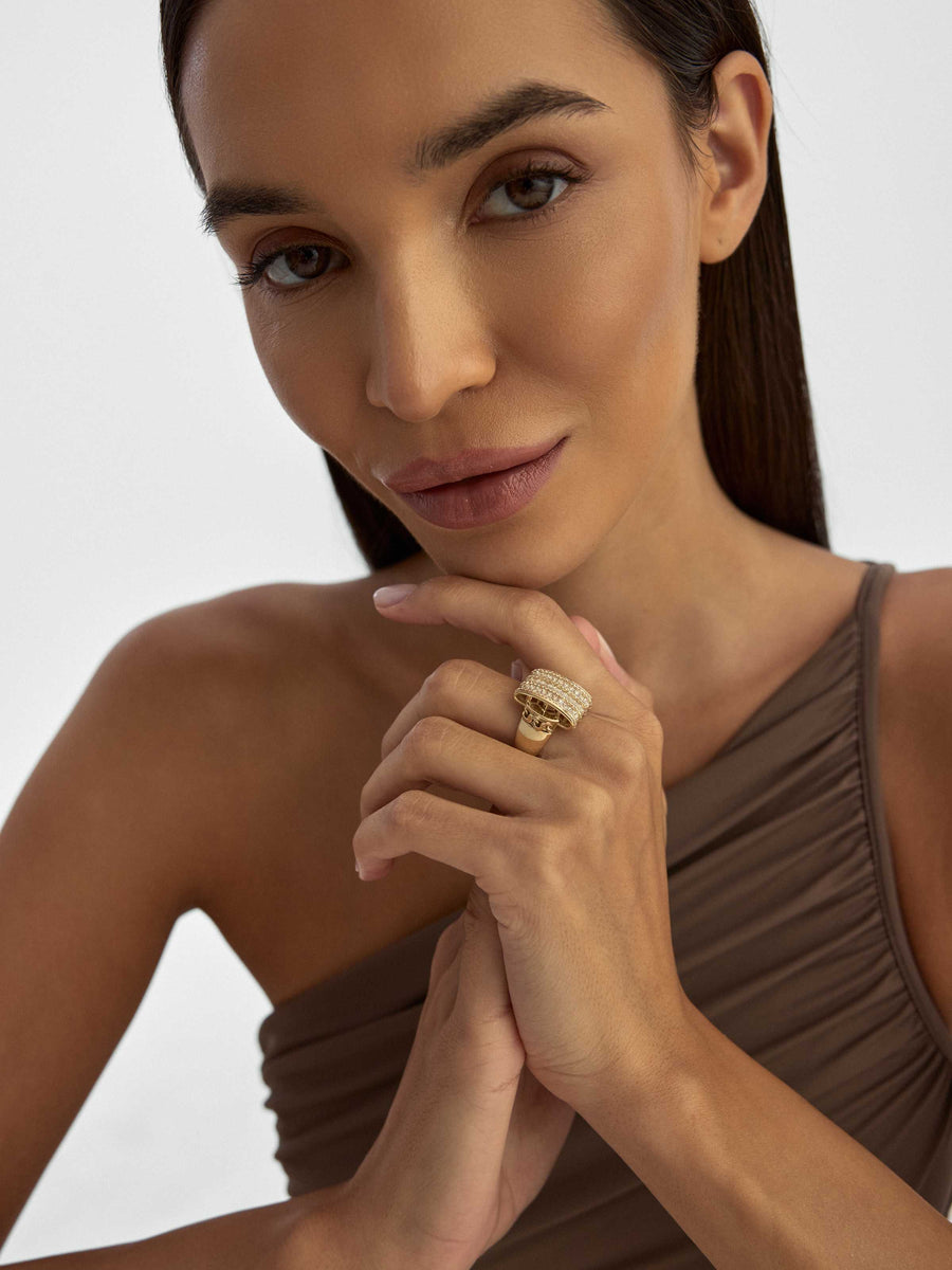 Baguette & Round-Cut Stone Statement Ring in 14K Gold