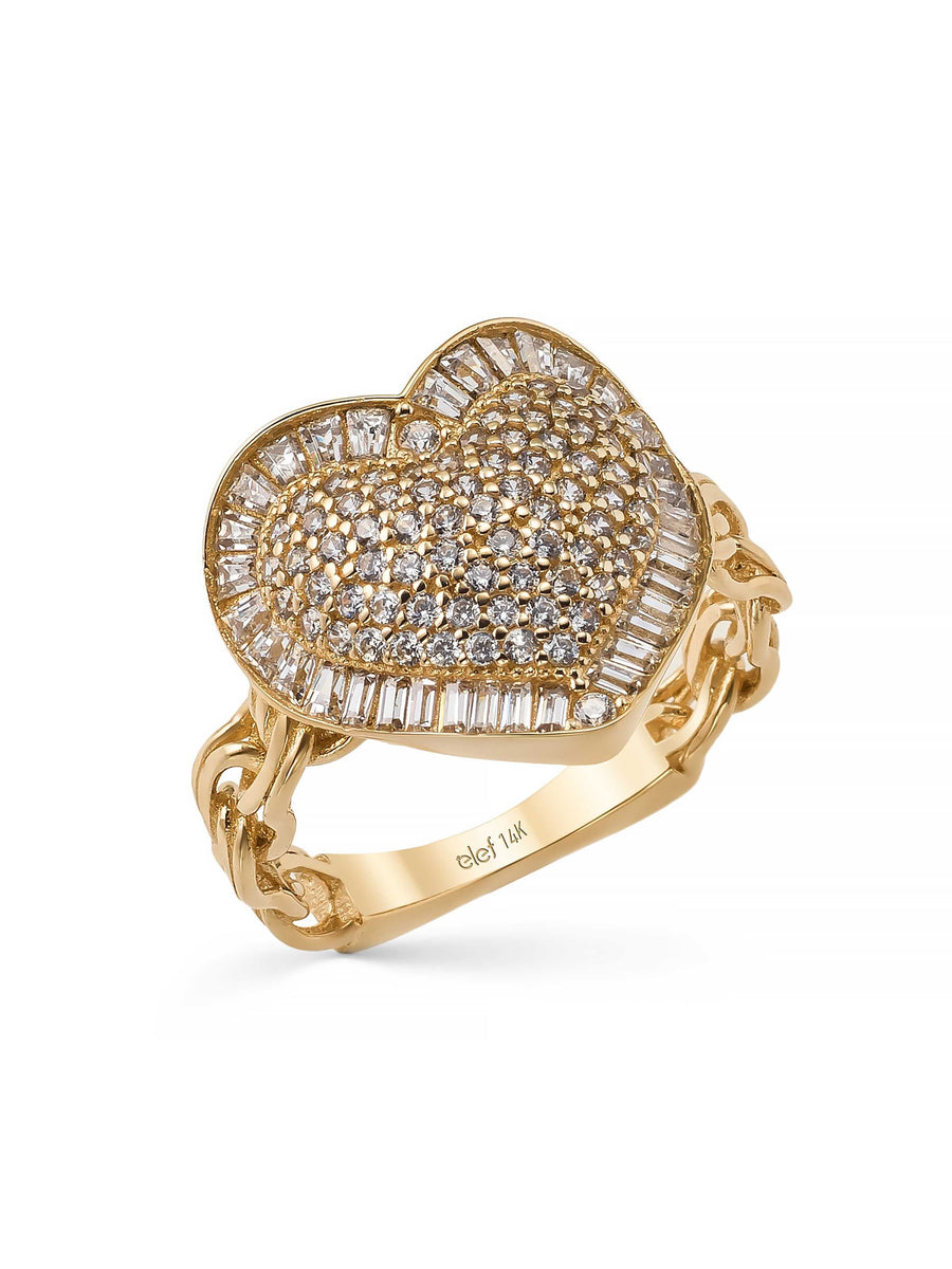 Baguette & Round-Cut Stone Heart-Shaped Ring in 14K Gold
