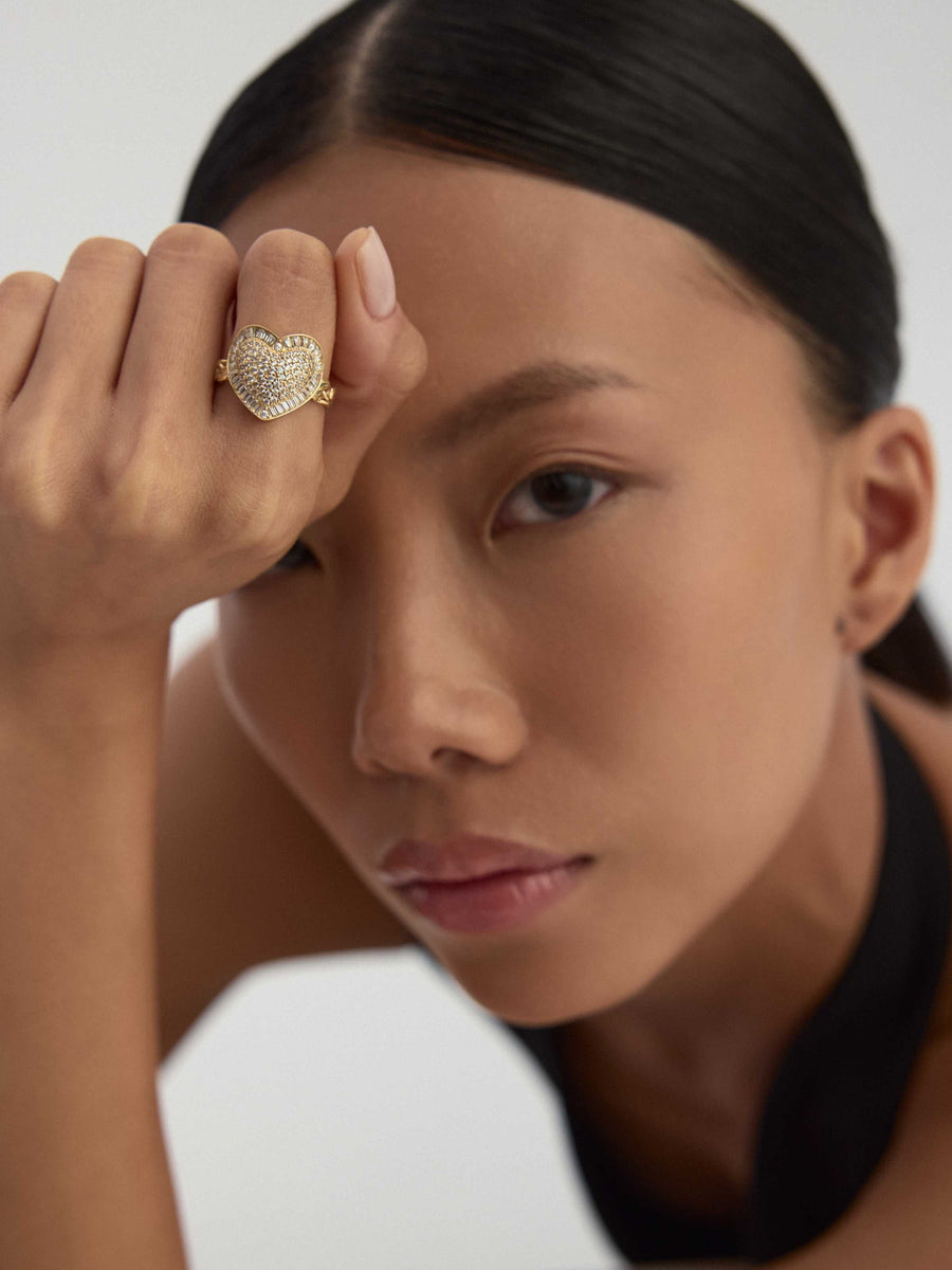 Baguette & Round-Cut Stone Heart-Shaped Ring in 14K Gold