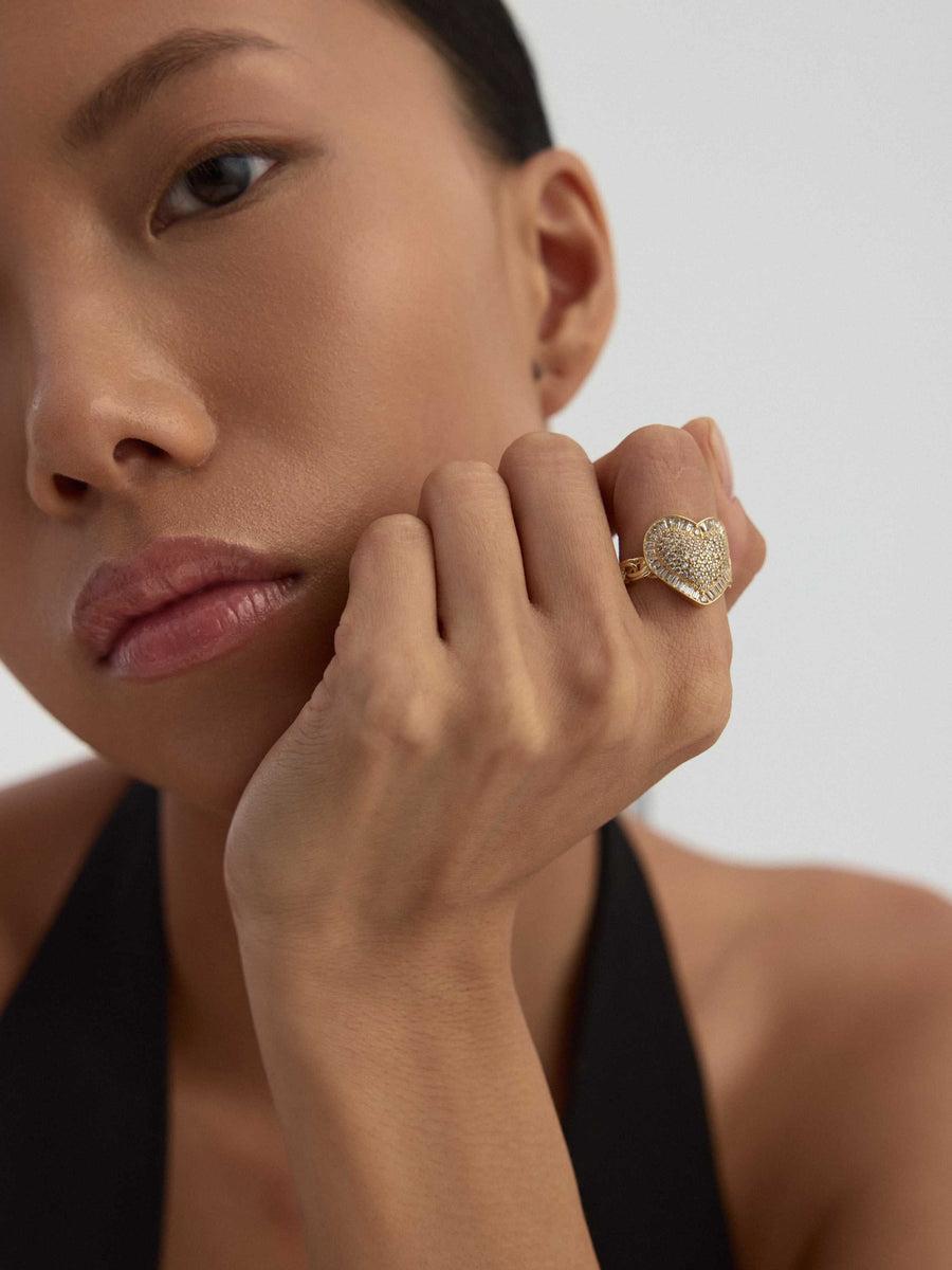 Baguette & Round-Cut Stone Heart-Shaped Ring in 14K Gold