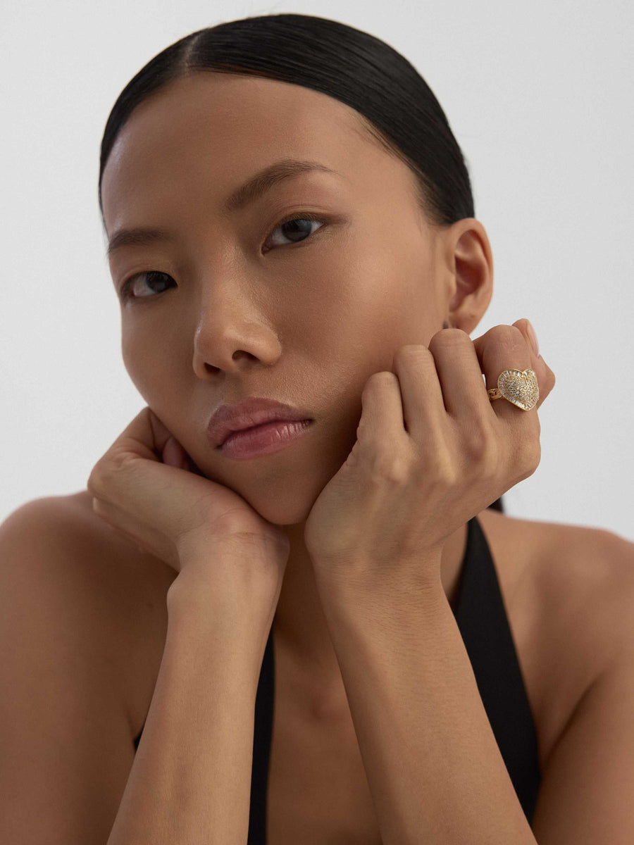 Baguette & Round-Cut Stone Heart-Shaped Ring in 14K Gold
