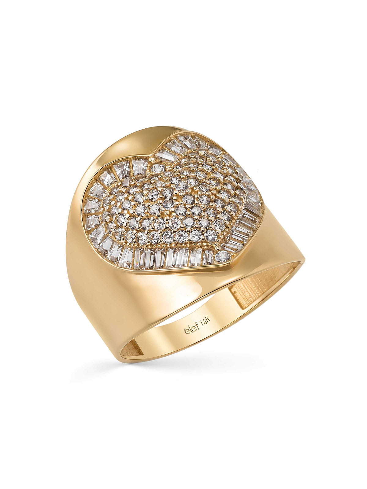 Baguette & Round-Cut Stone Heart Motif Ring in 14K Gold by Elef Jewelry