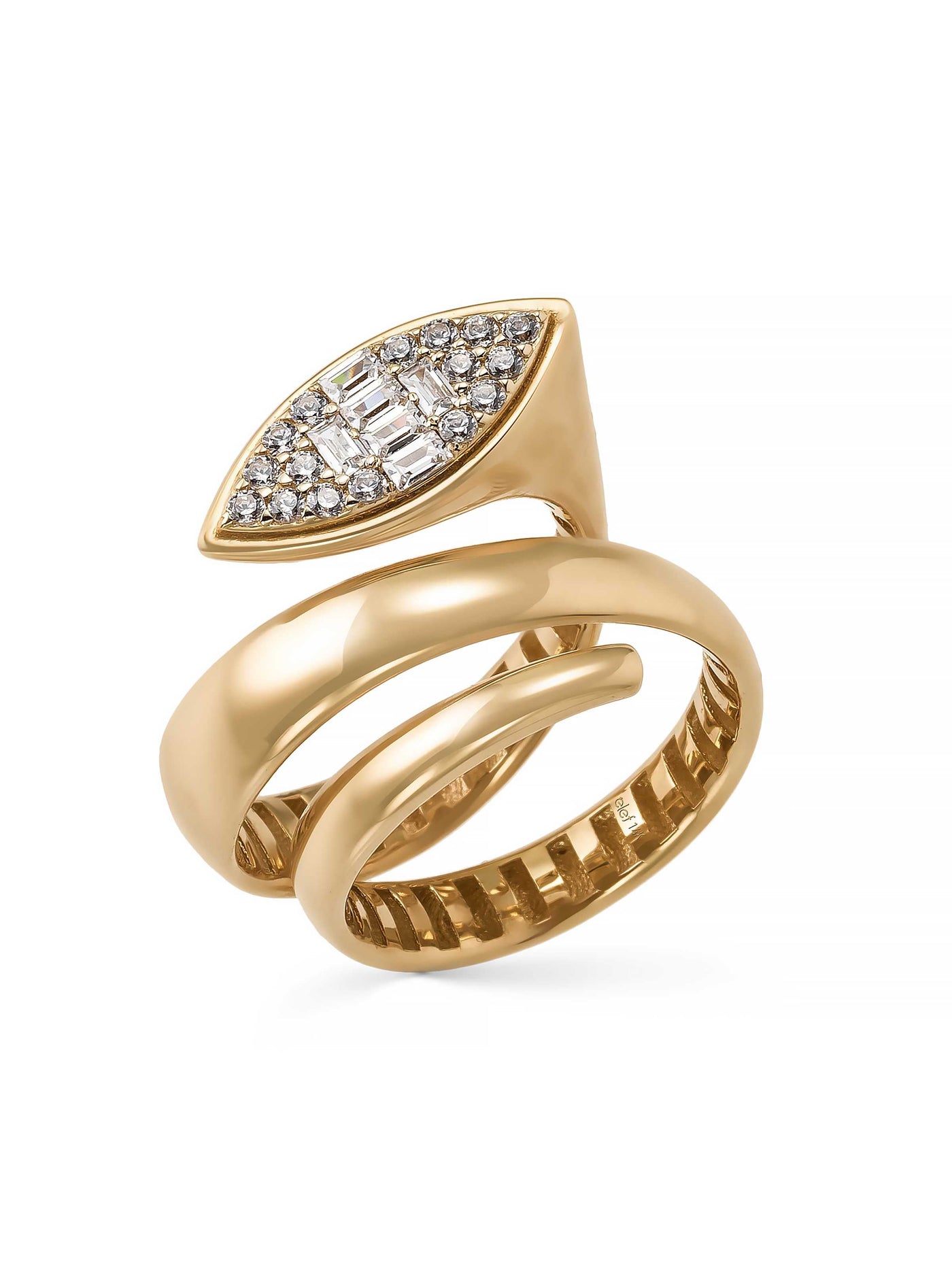 Baguette & Round-Cut Stone Modern Spiral Ring in 14K Gold by Elef Jewelry