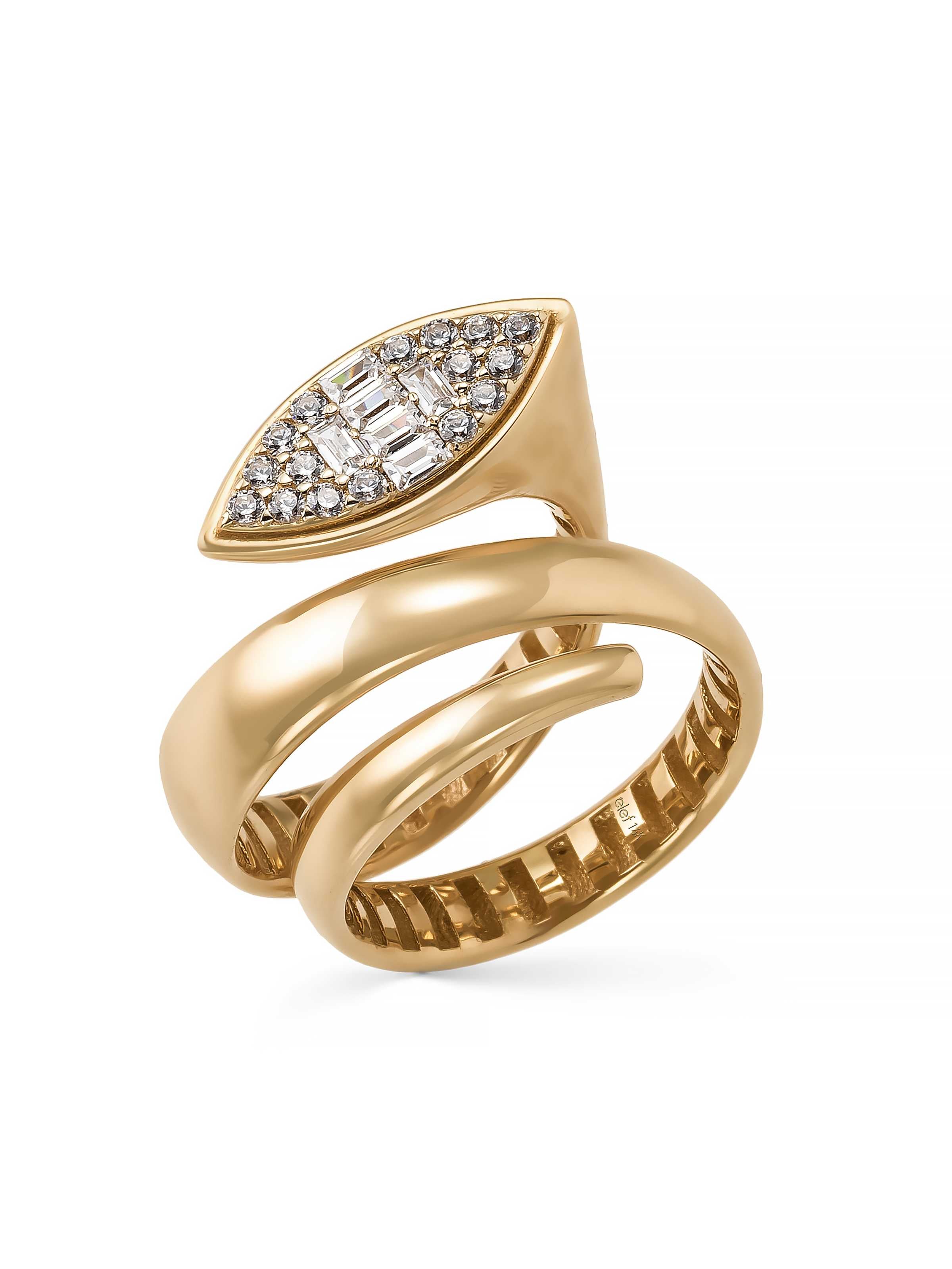 Baguette & Round-Cut Stone Modern Spiral Ring in 14K Gold by Elef Jewelry