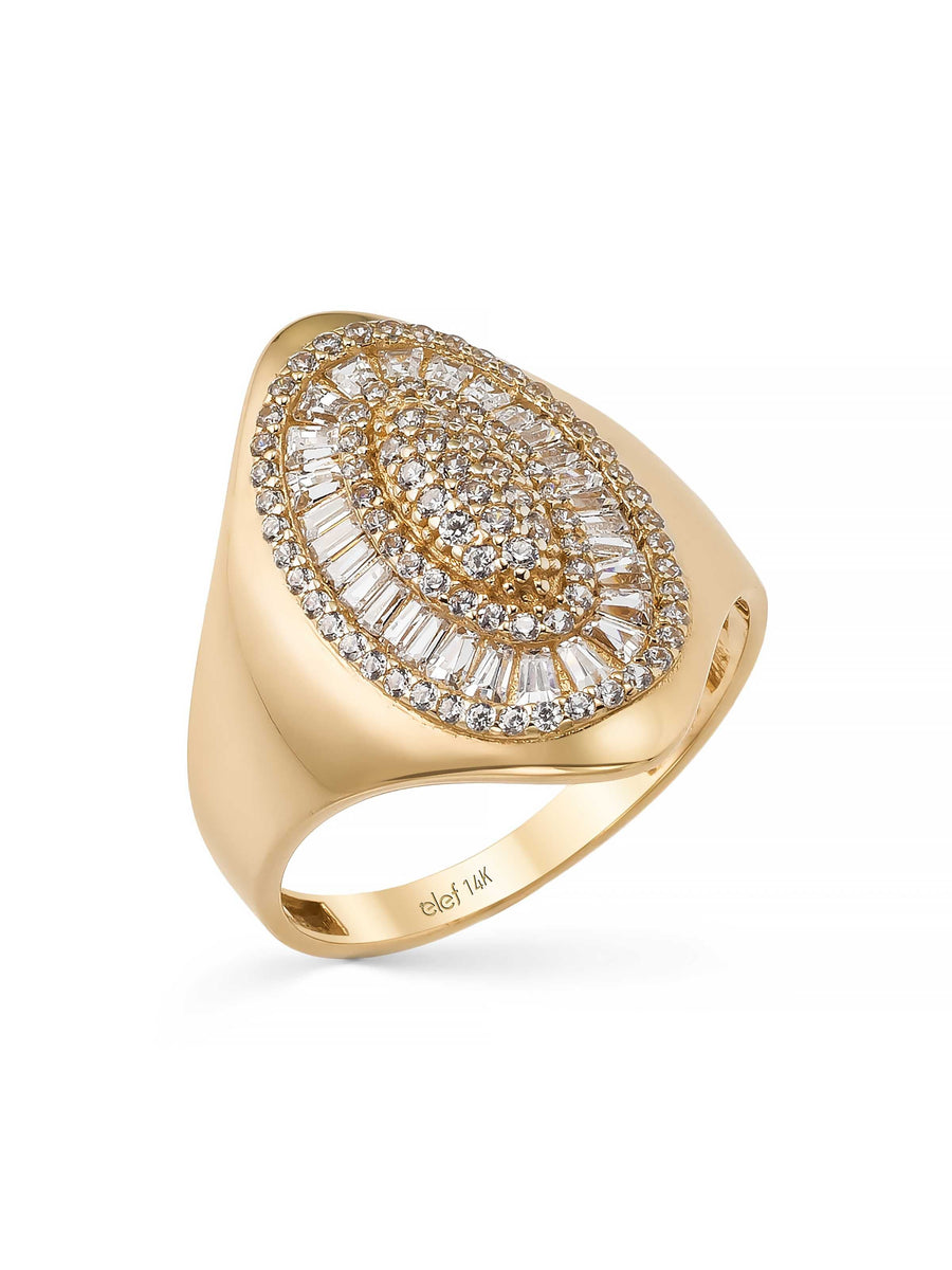 Baguette & Round-Cut Stone Oval Form Ring in 14K Gold