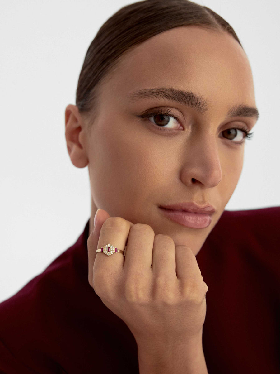 Baguette Ruby-Inspired Stone Geometric Ring in 14K Gold