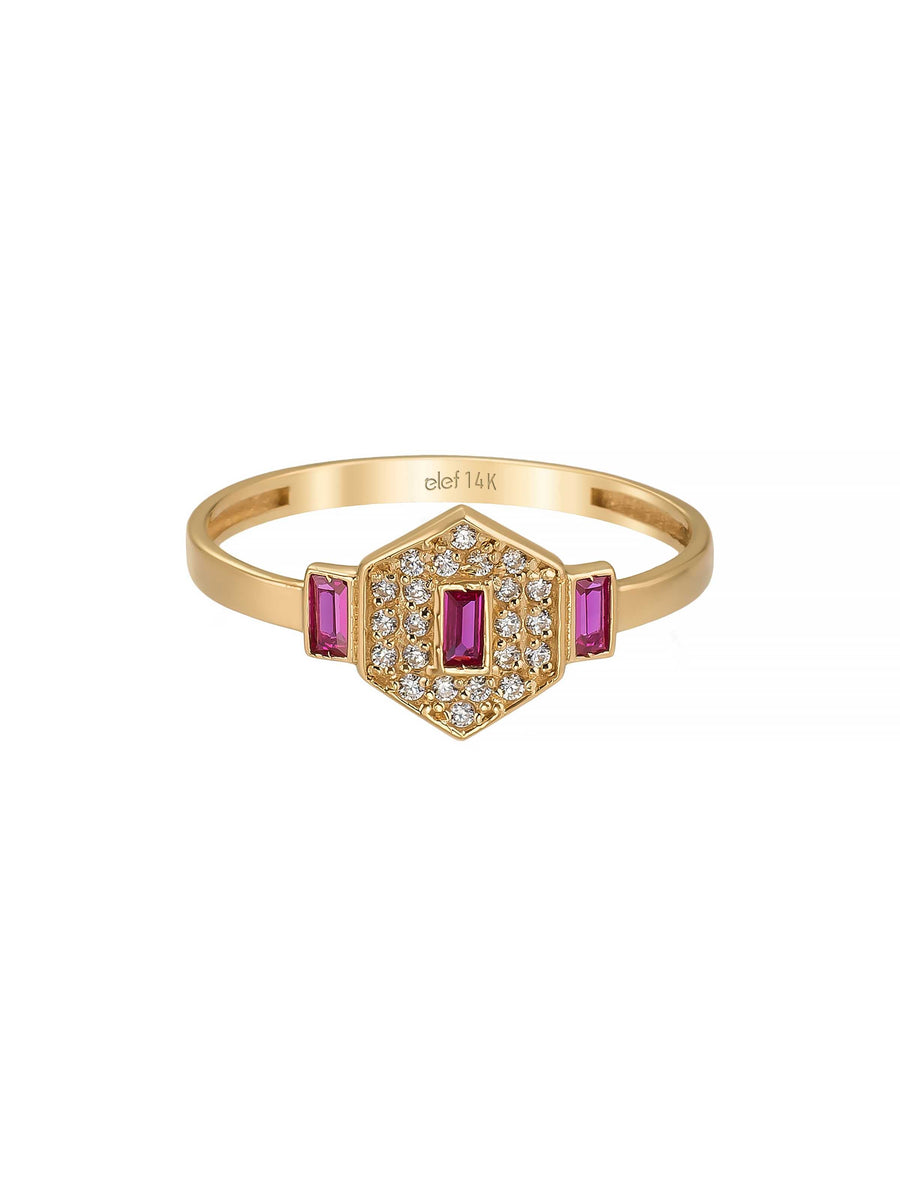 Baguette Ruby-Inspired Stone Geometric Ring in 14K Gold