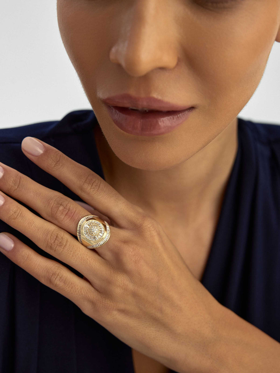 Baguette & Round-Cut Stone Statement Ring in 14K Gold