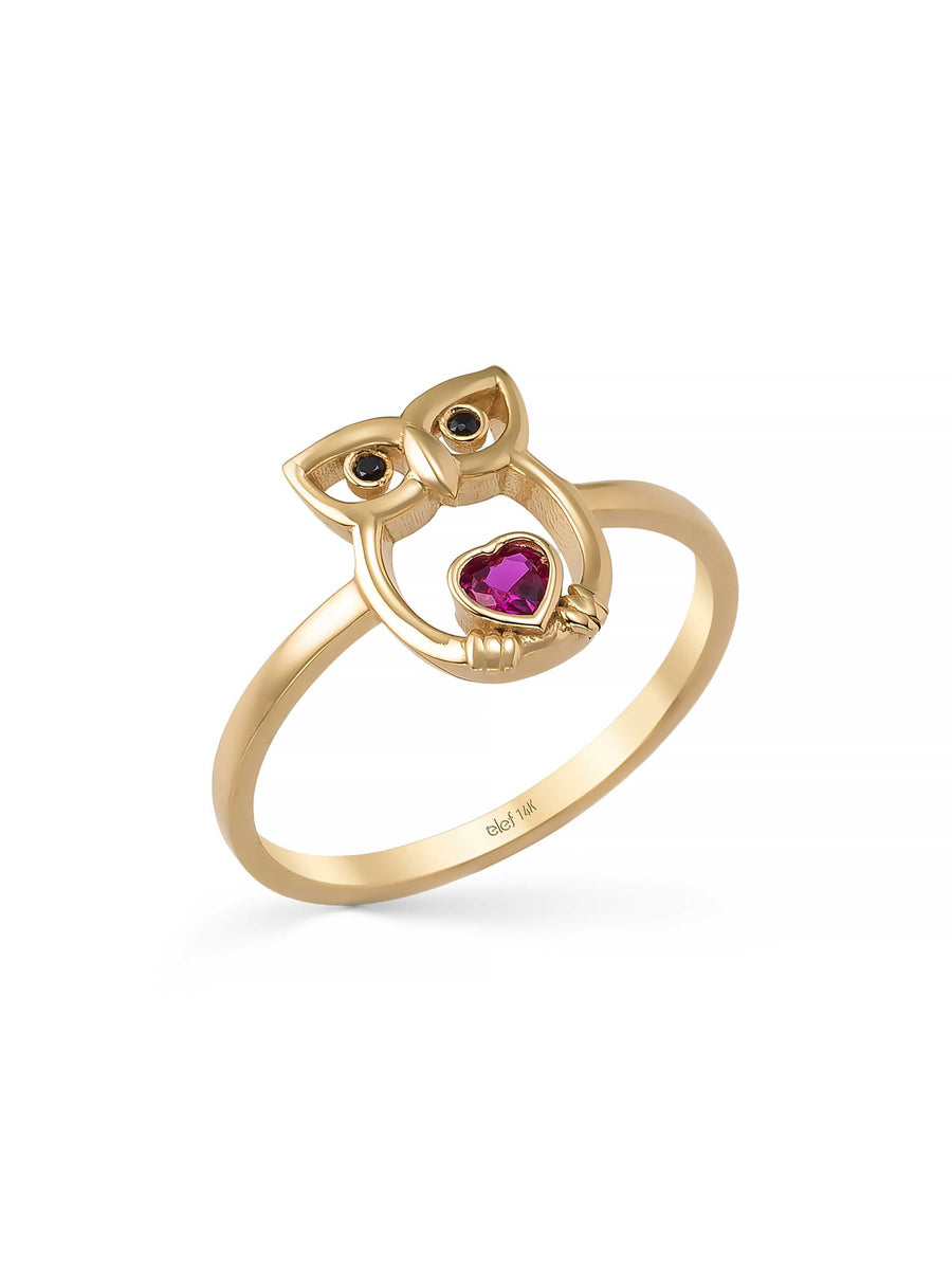 Owl Heart Stone Ring in 14K Gold