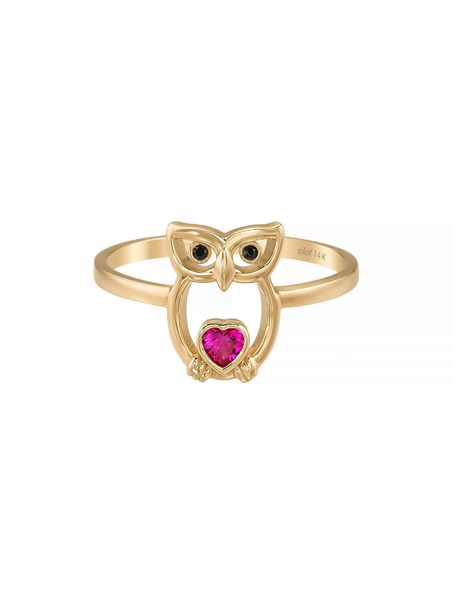 Owl Heart Stone Ring in 14K Gold