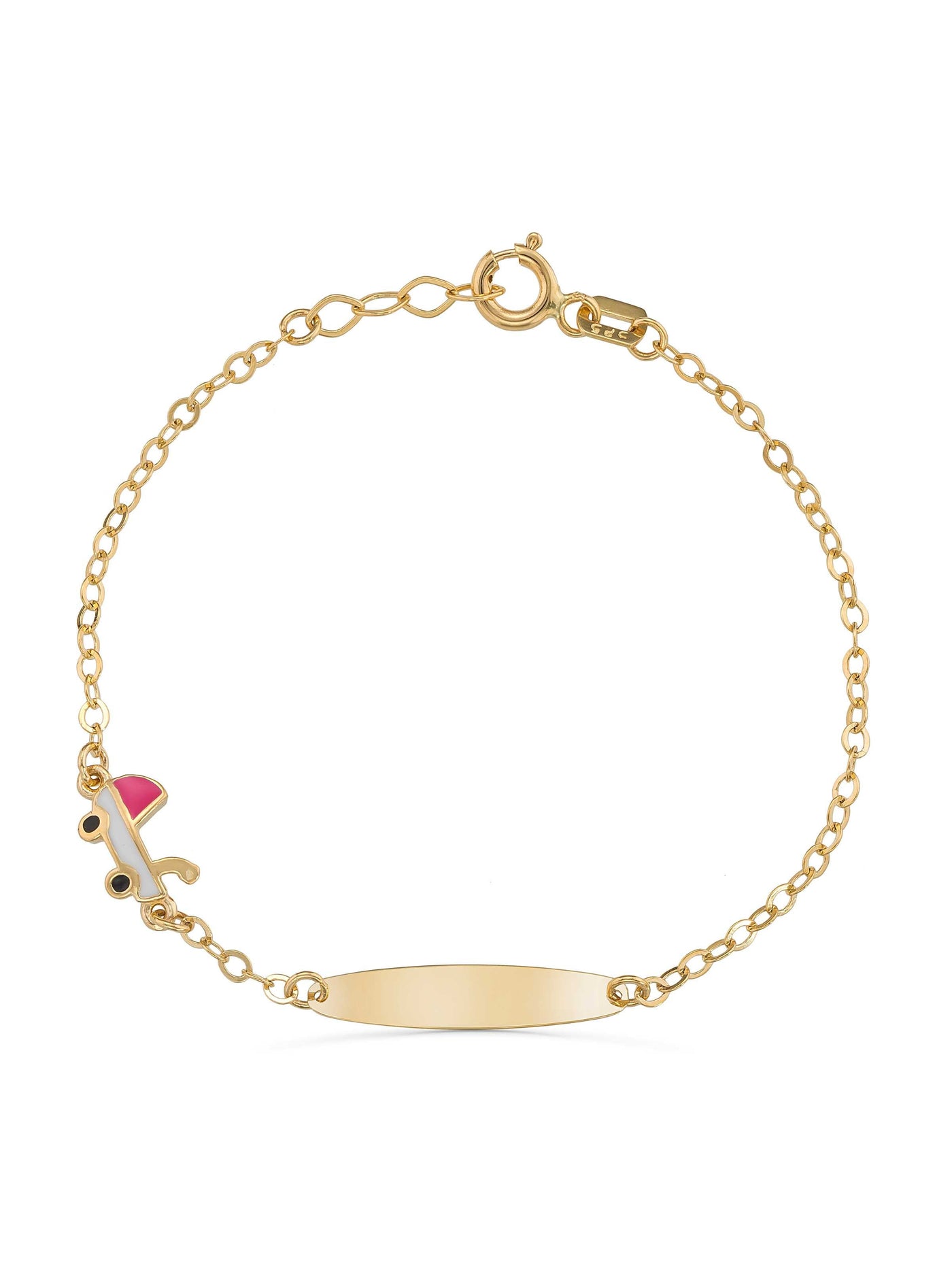 14K Gold Baby Stroller Enamel Kids Id Bracelet by Elef Jewelry