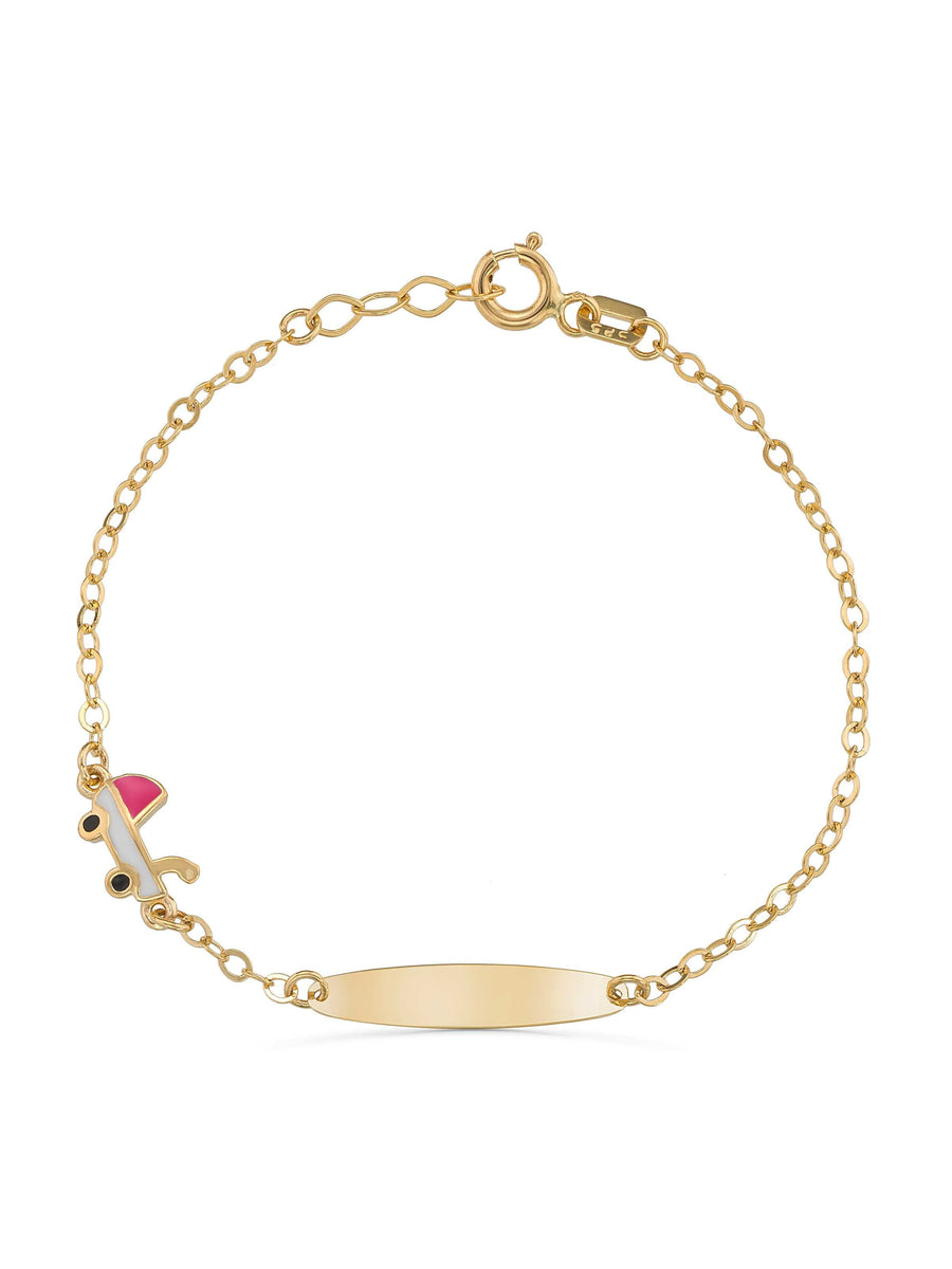 14K Gold Baby Stroller Enamel Kids Id Bracelet