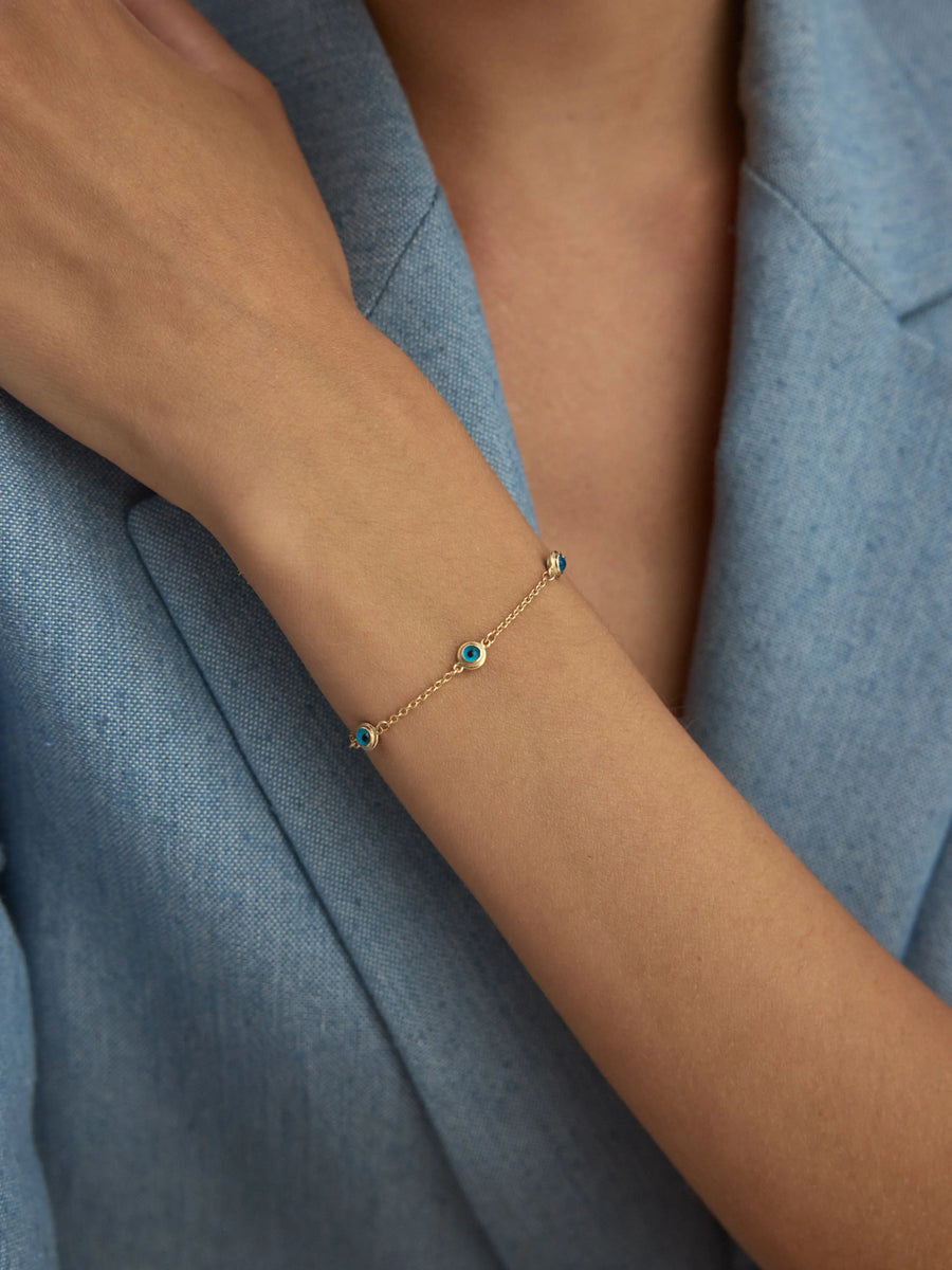 Five-Piece Enamel Evil Eye Beaded Bracelet in 14K Gold