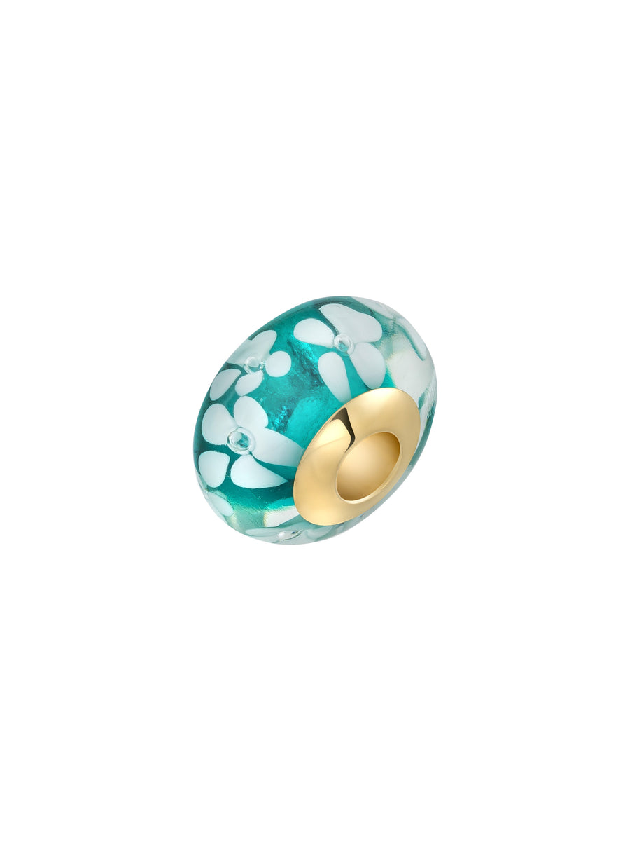 White Flower Turquoise Murano Glass Charm in 14K Gold