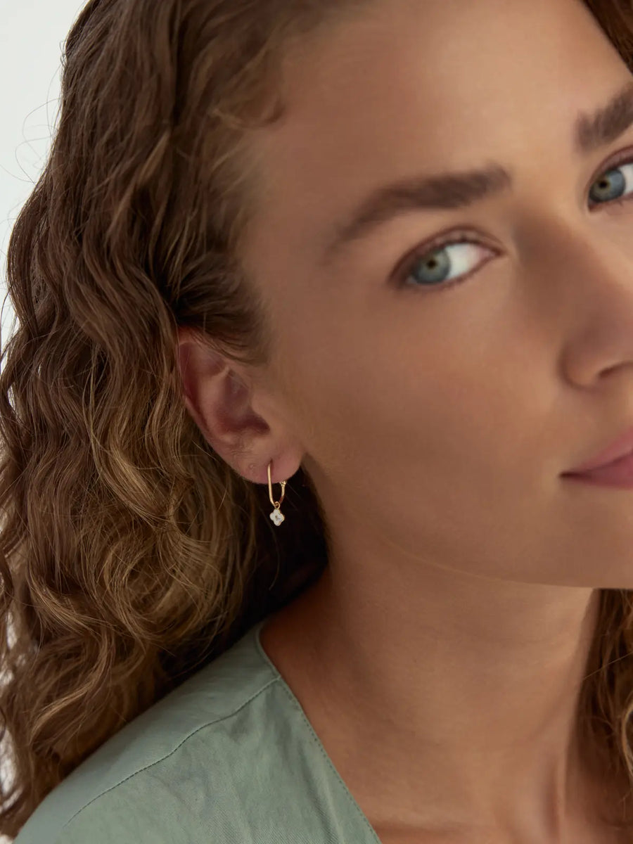White Enamel Clover Drop Earrings in 14K Gold