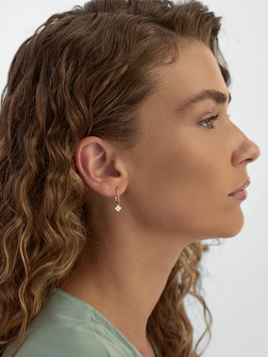 White Enamel Clover Drop Earrings in 14K Gold