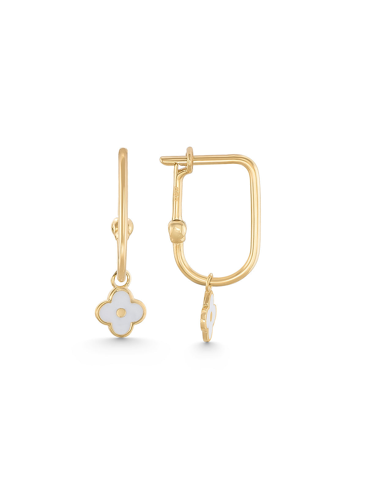White Enamel Clover Drop Earrings in 14K Gold by Elef Jewelry