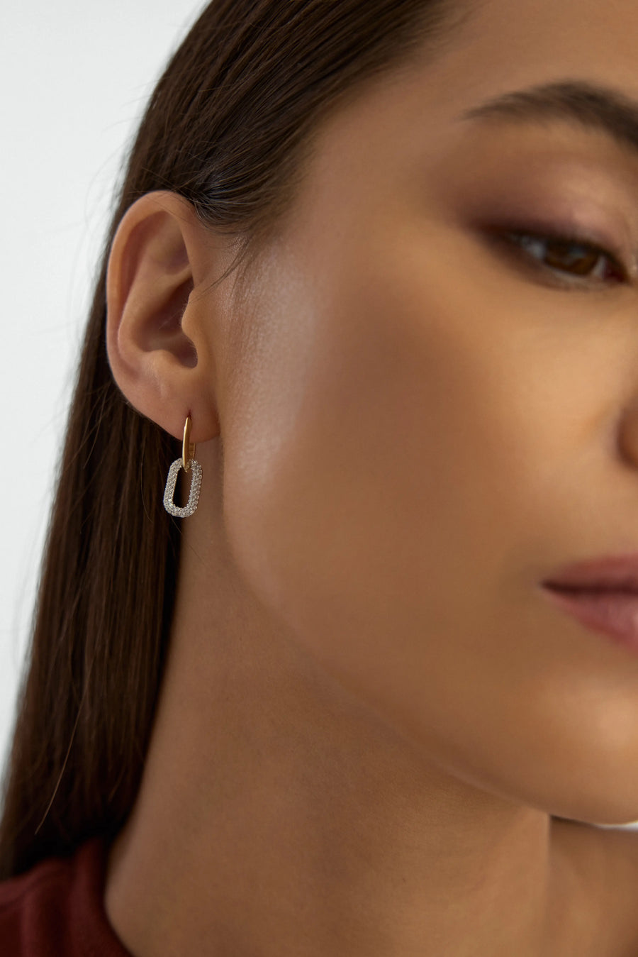 White Stone Rectangular Drop Hoop Earrings in 14K Gold