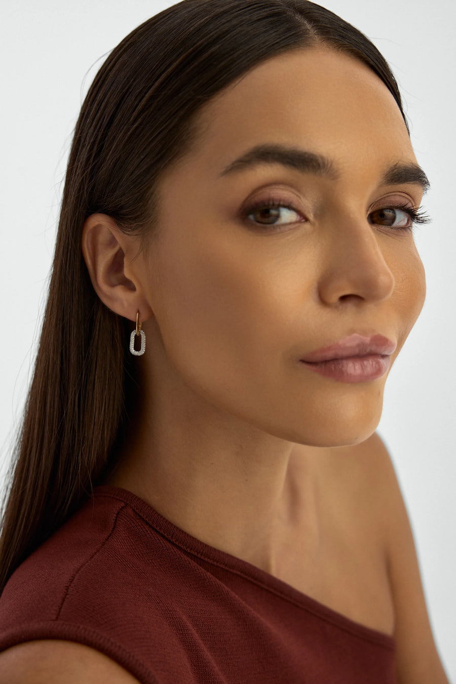 White Stone Rectangular Drop Hoop Earrings in 14K Gold