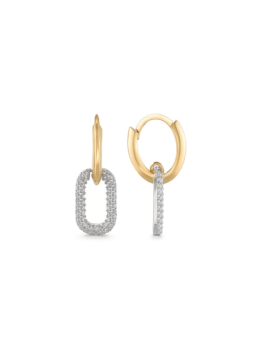 White Stone Rectangular Drop Hoop Earrings in 14K Gold
