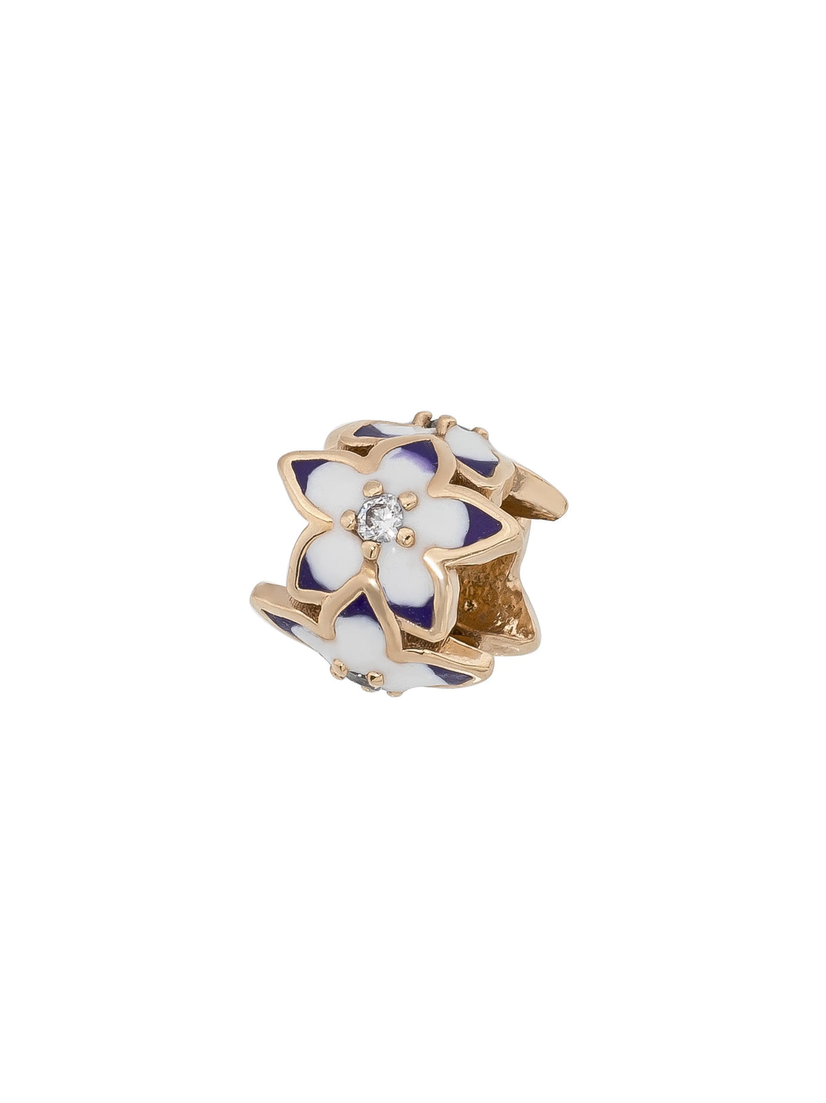 White & Navy Blue Enamel Flower Charm in 14K Gold by Elef Jewelry