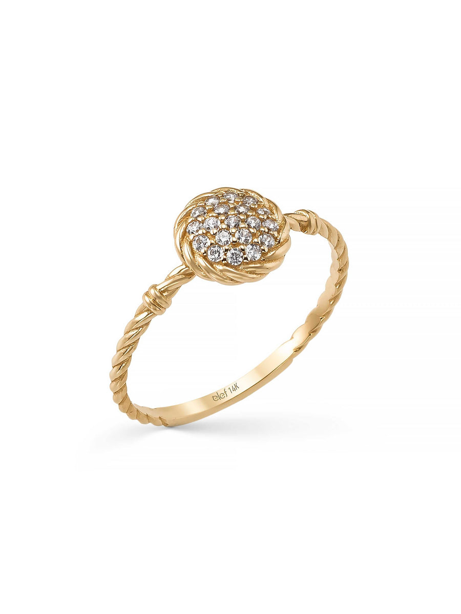 Twisted Body Round Beaded Stone Ring in 14K Gold