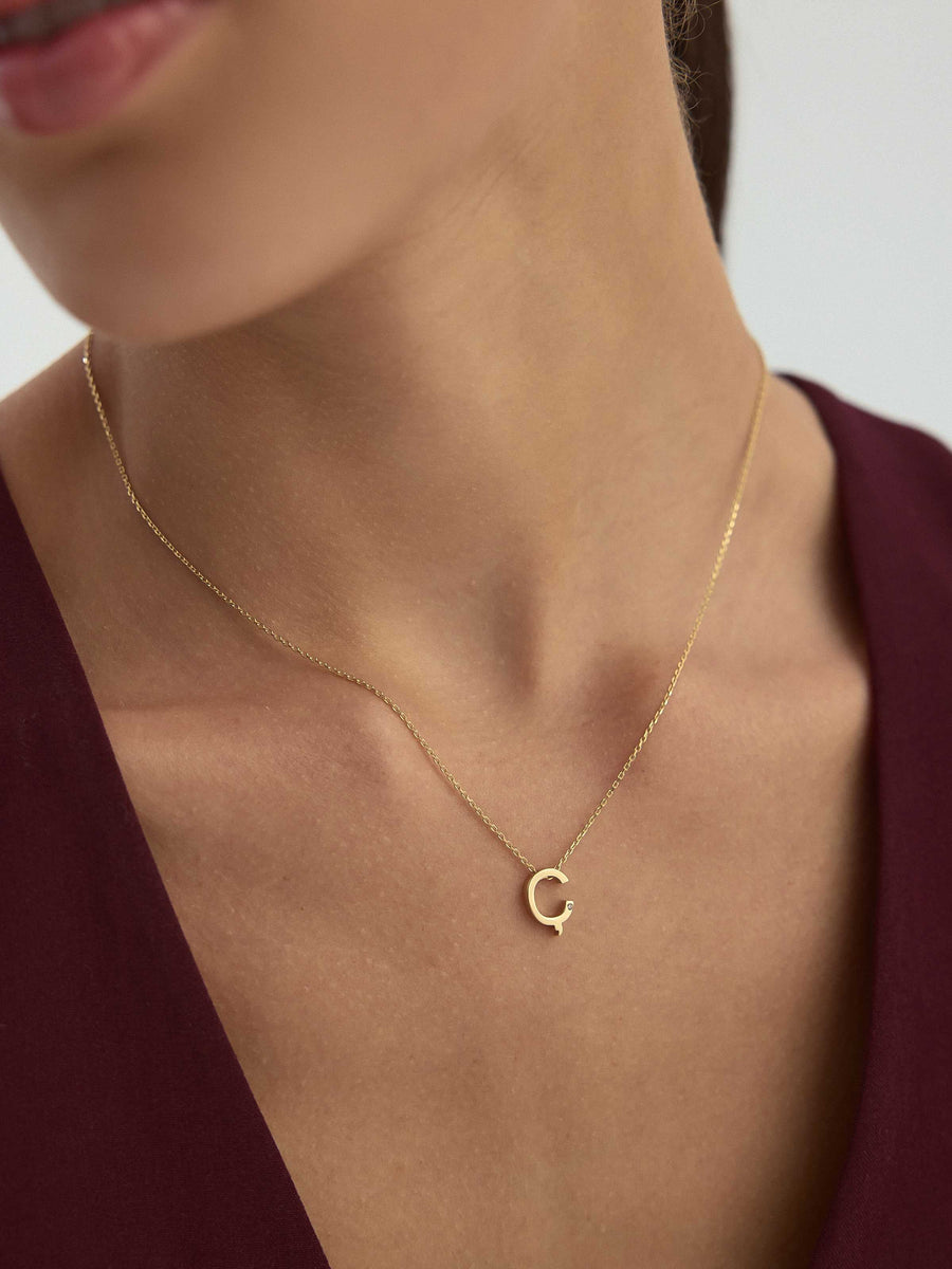 Letter C Stone Initial Necklace in 14K Gold