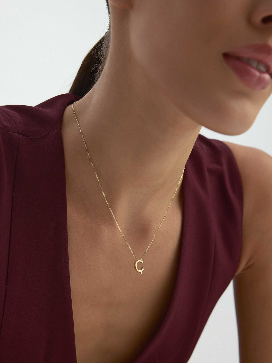 Letter C Stone Initial Necklace in 14K Gold
