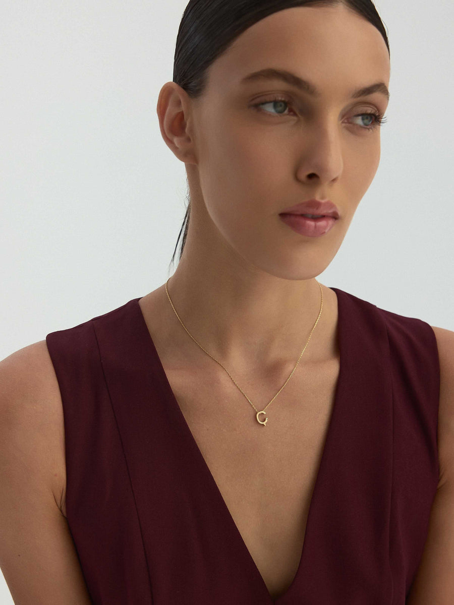Letter C Stone Initial Necklace in 14K Gold