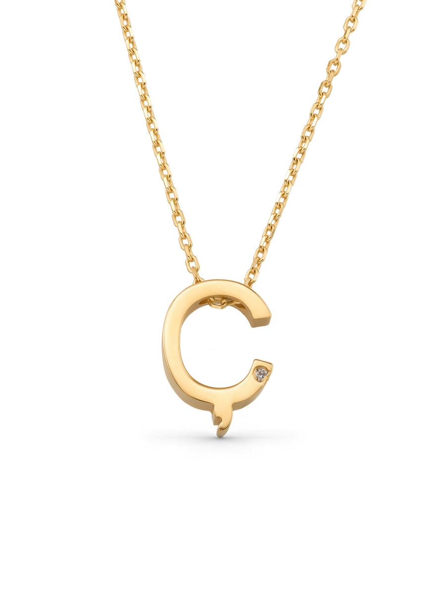 Letter C Stone Initial Necklace in 14K Gold