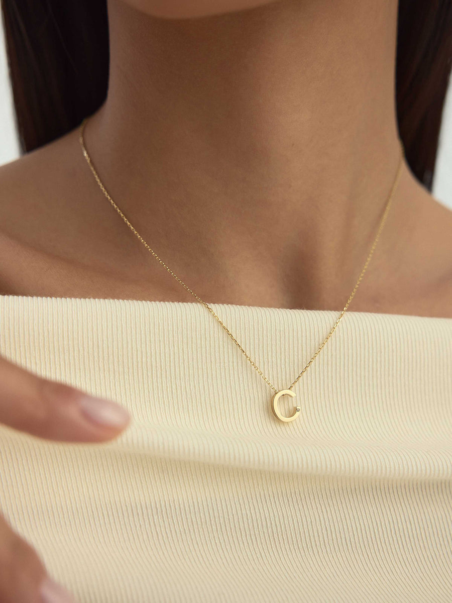 Letter C Stone Initial Necklace in 14K Gold