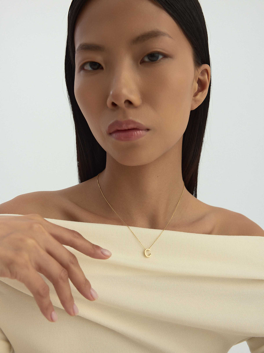 Letter C Stone Initial Necklace in 14K Gold