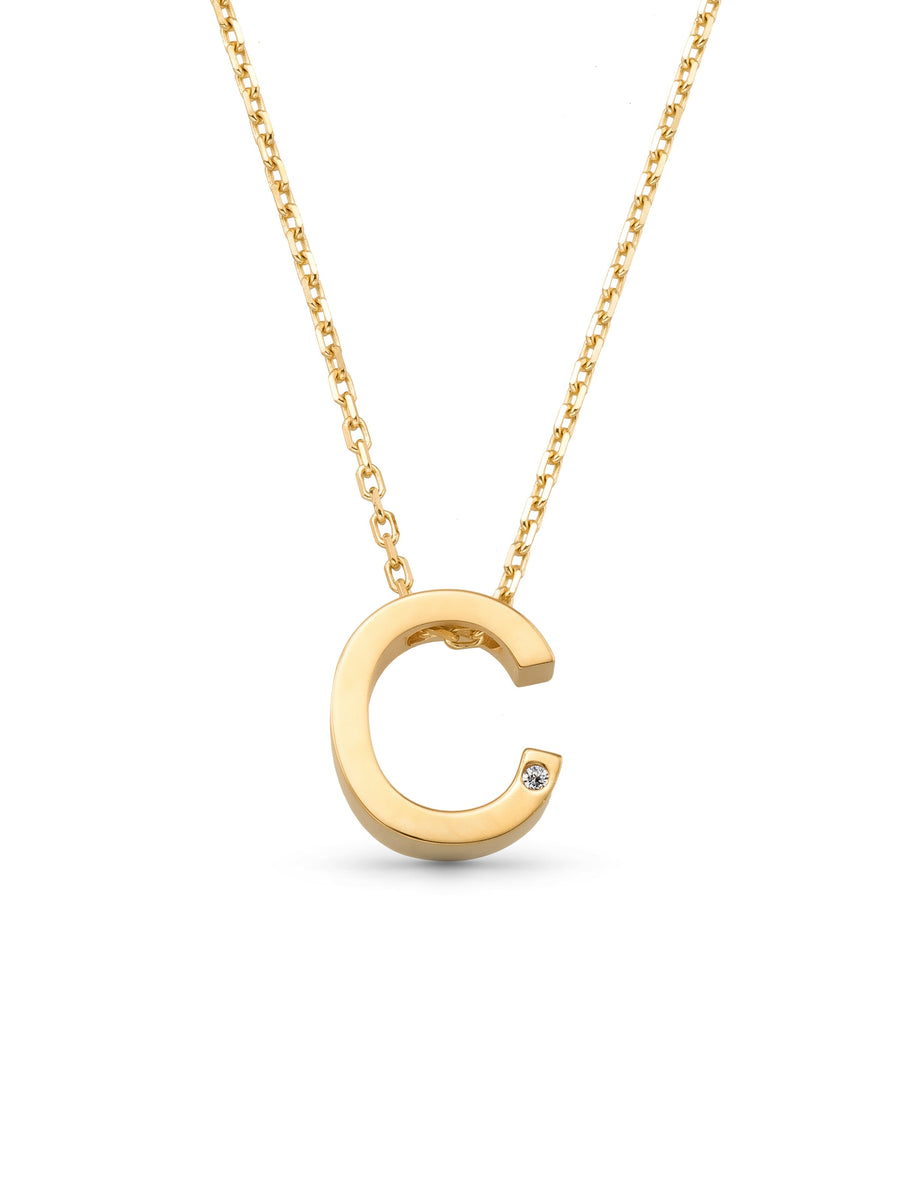 Letter C Stone Initial Necklace in 14K Gold