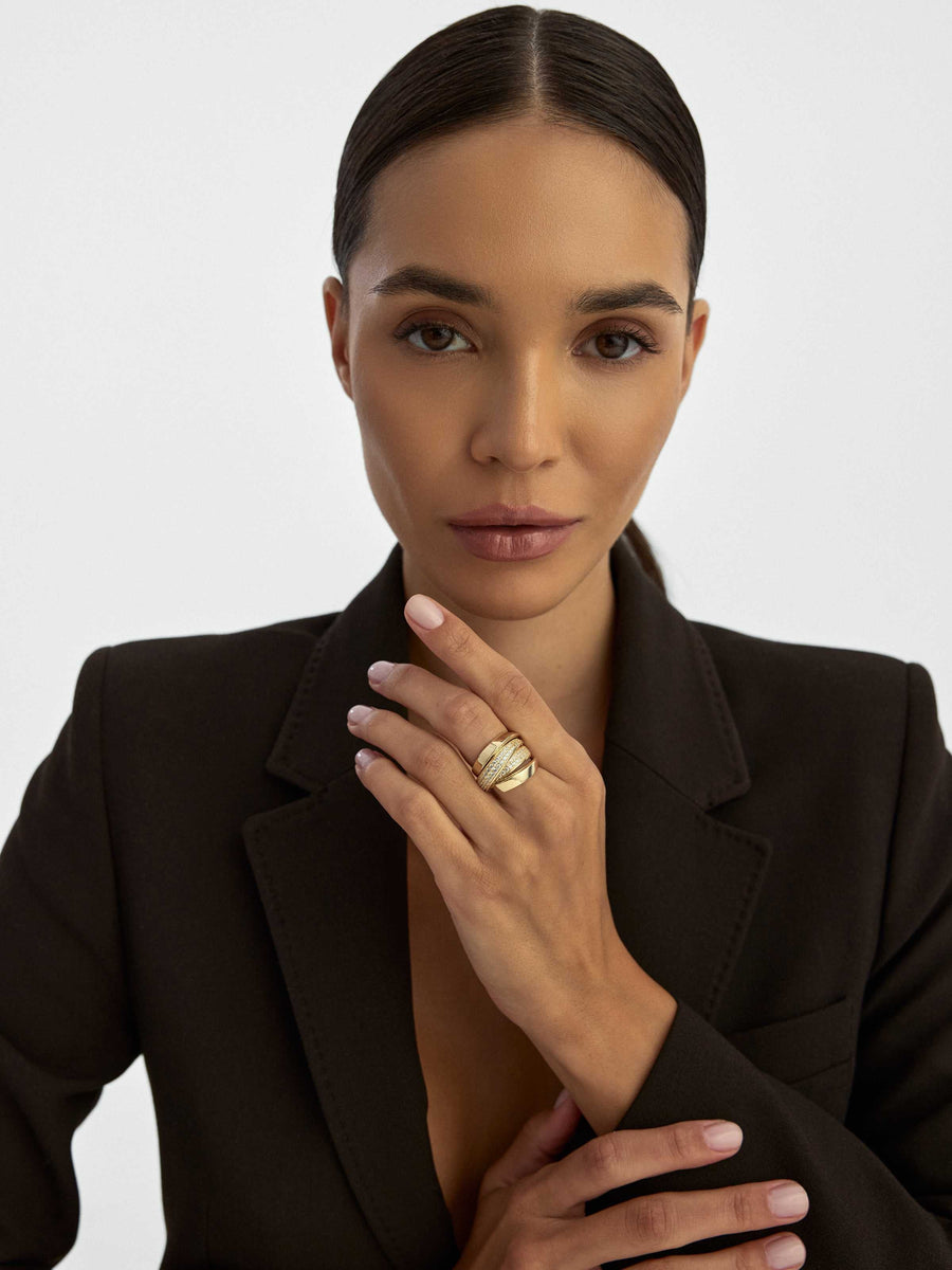 Cross Row Zircon Stone Ring in 14K Gold