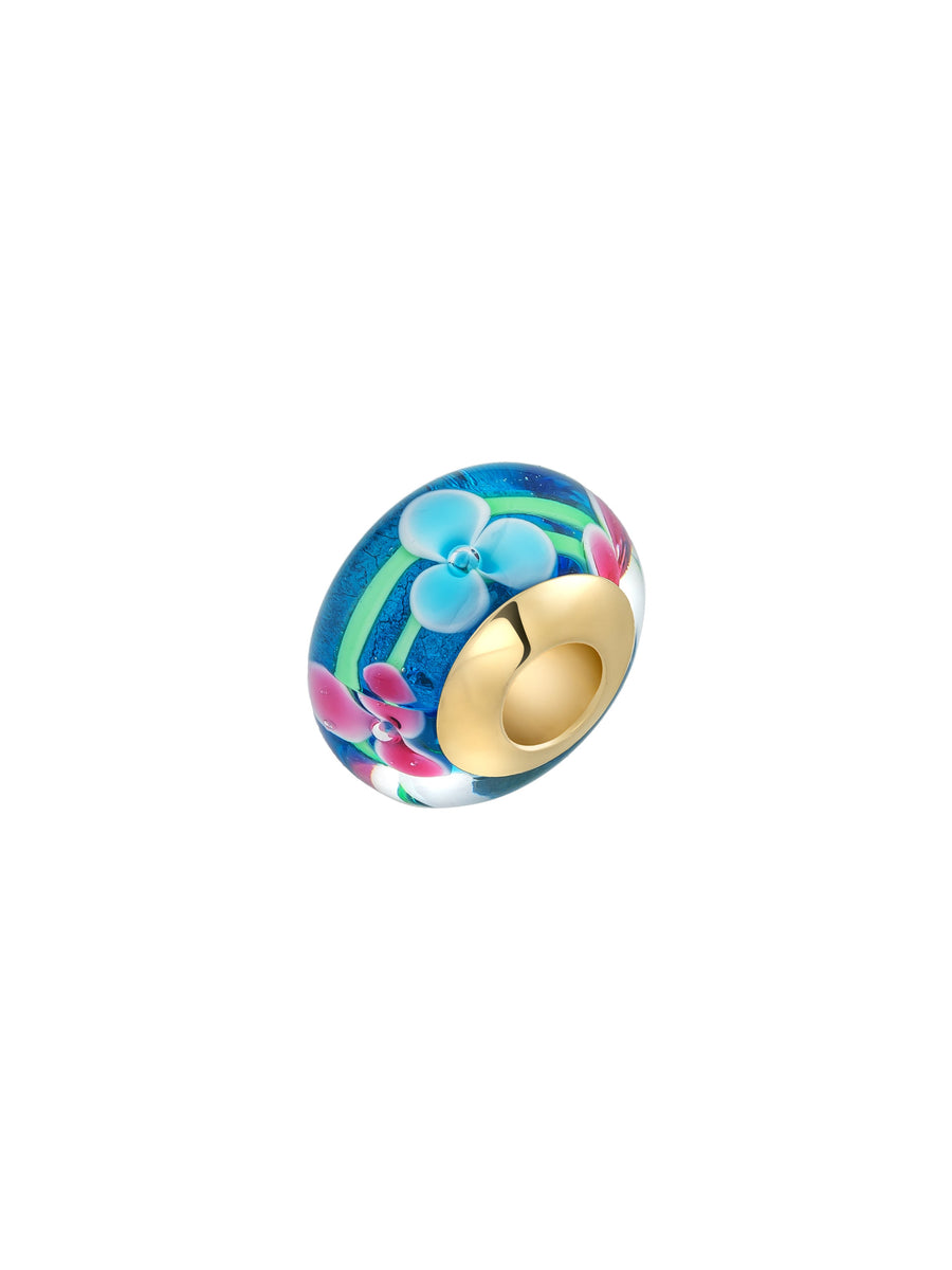 Flower Blue Murano Glass Charm in 14K Gold