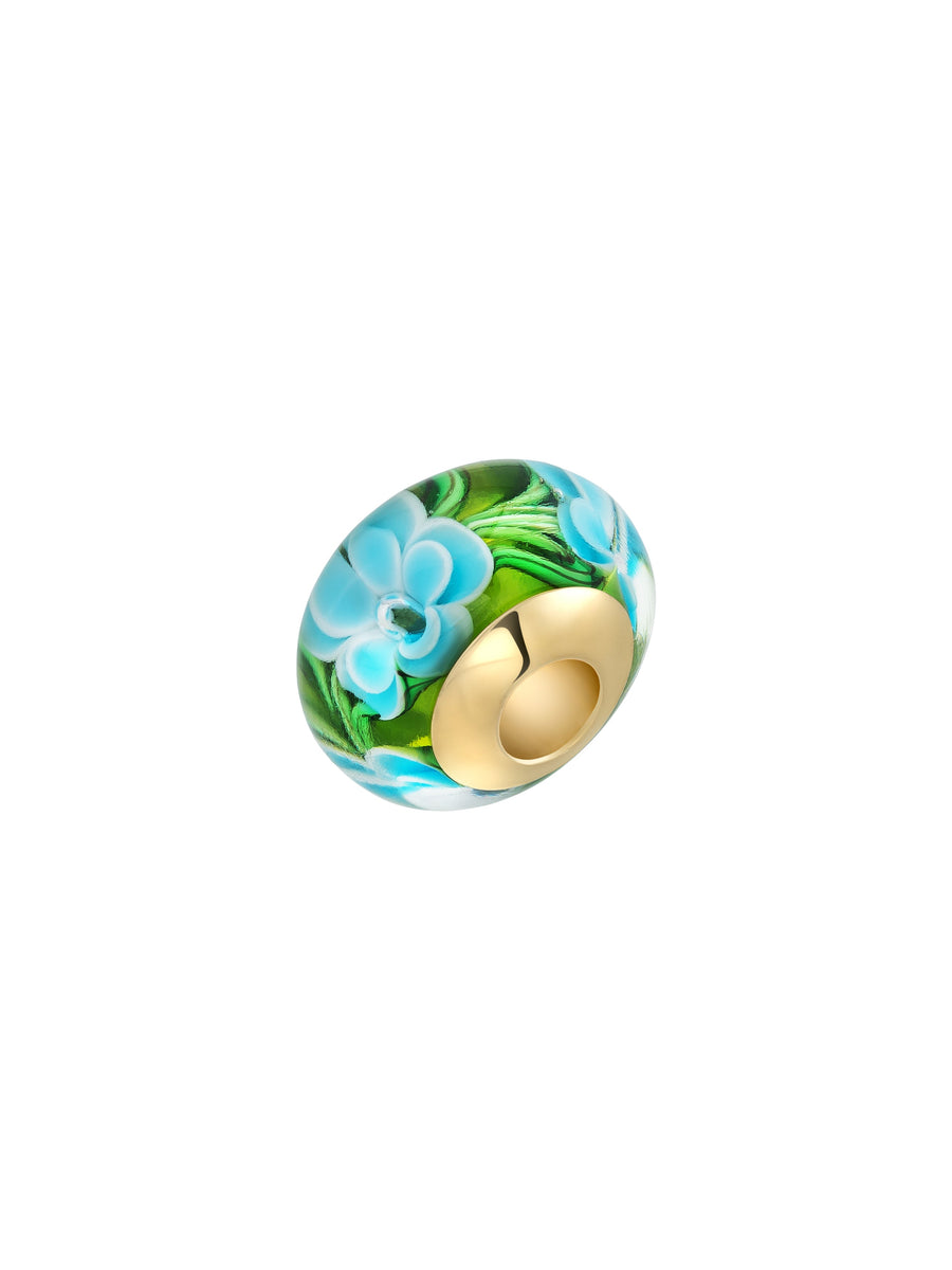 Flower Green & Blue Murano Glass Charm in 14K Gold