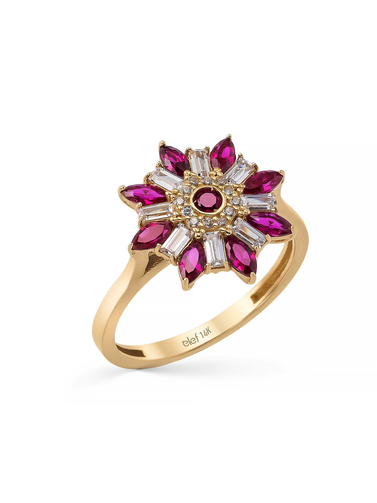 Flower Motif Baguette & Marquise Stone Ring in 14K Gold by Elef Jewelry