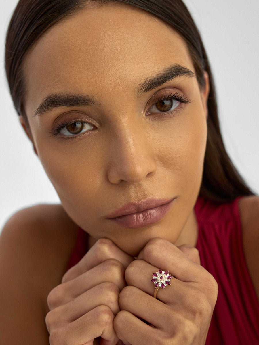 Flower Motif Baguette & Marquise Stone Ring in 14K Gold