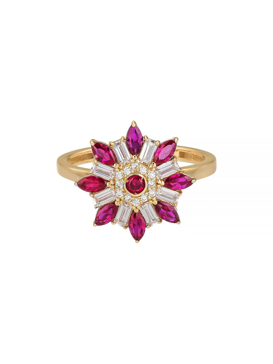Flower Motif Baguette & Marquise Stone Ring in 14K Gold