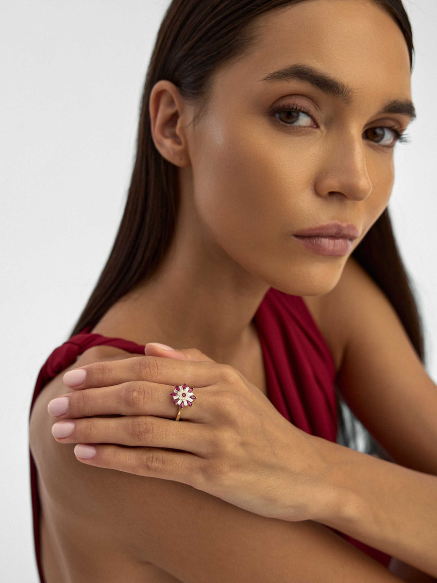 Flower Motif Baguette & Marquise Stone Ring in 14K Gold