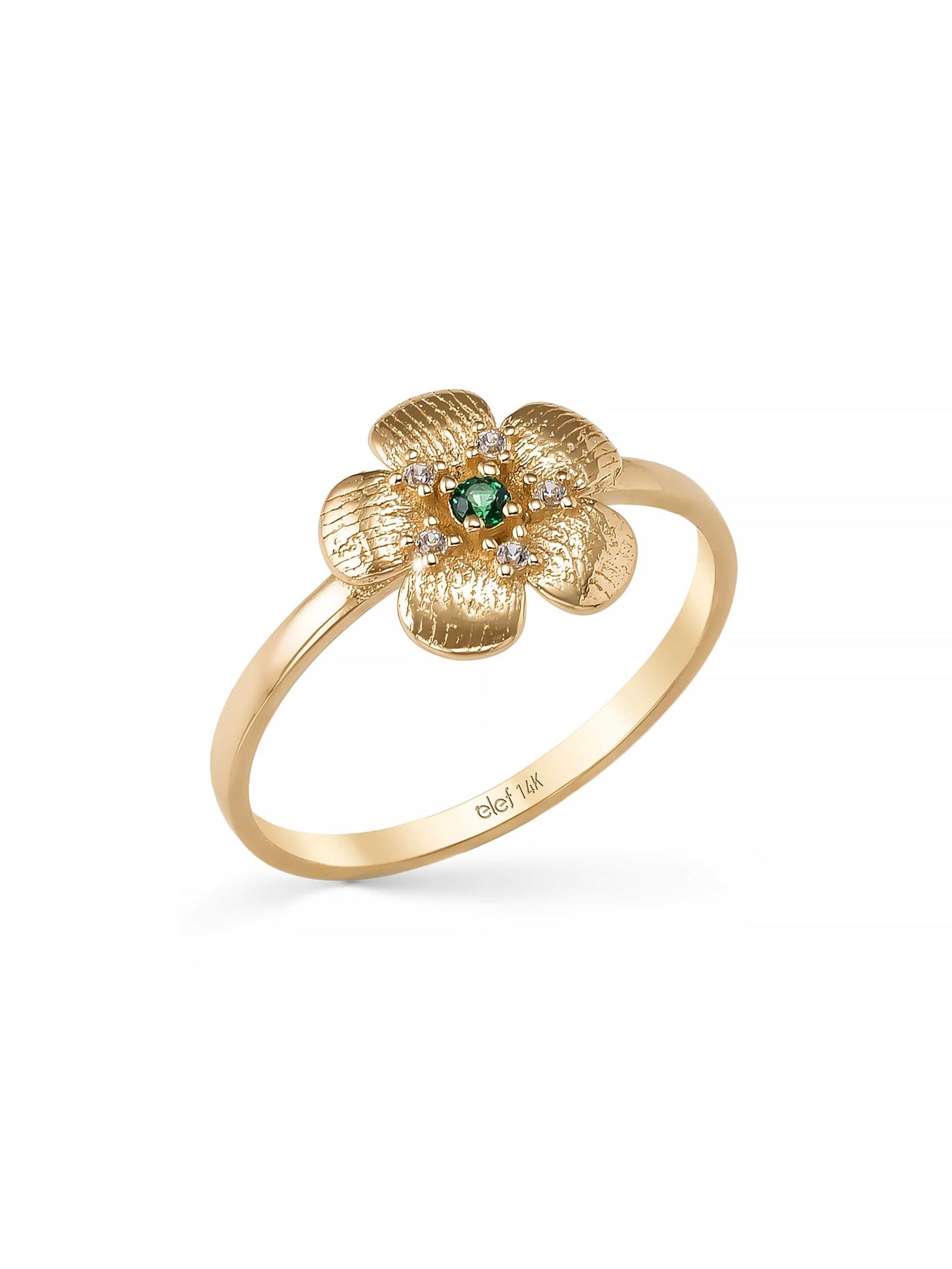 Flower Motif Green Stone Ring in 14K Gold by Elef Jewelry