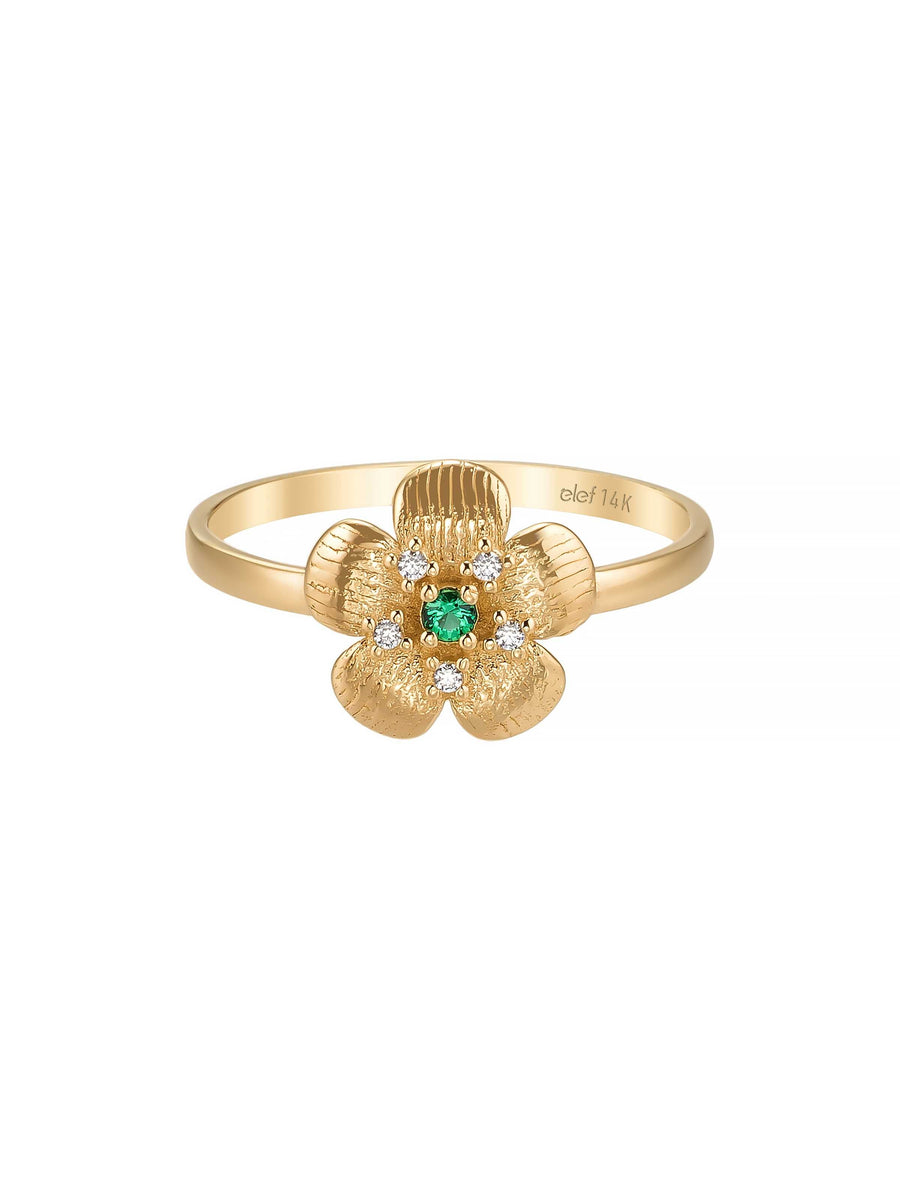 Flower Motif Green Stone Ring in 14K Gold