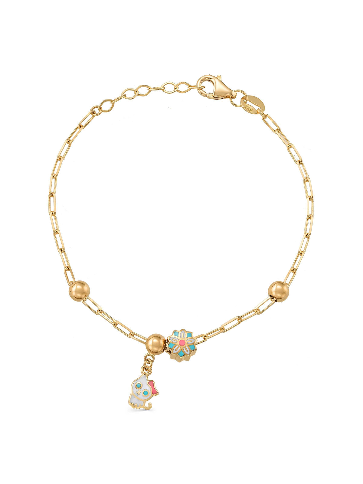 Flower & Cat Kids Bracelet in 14K Gold by Elef Jewelry