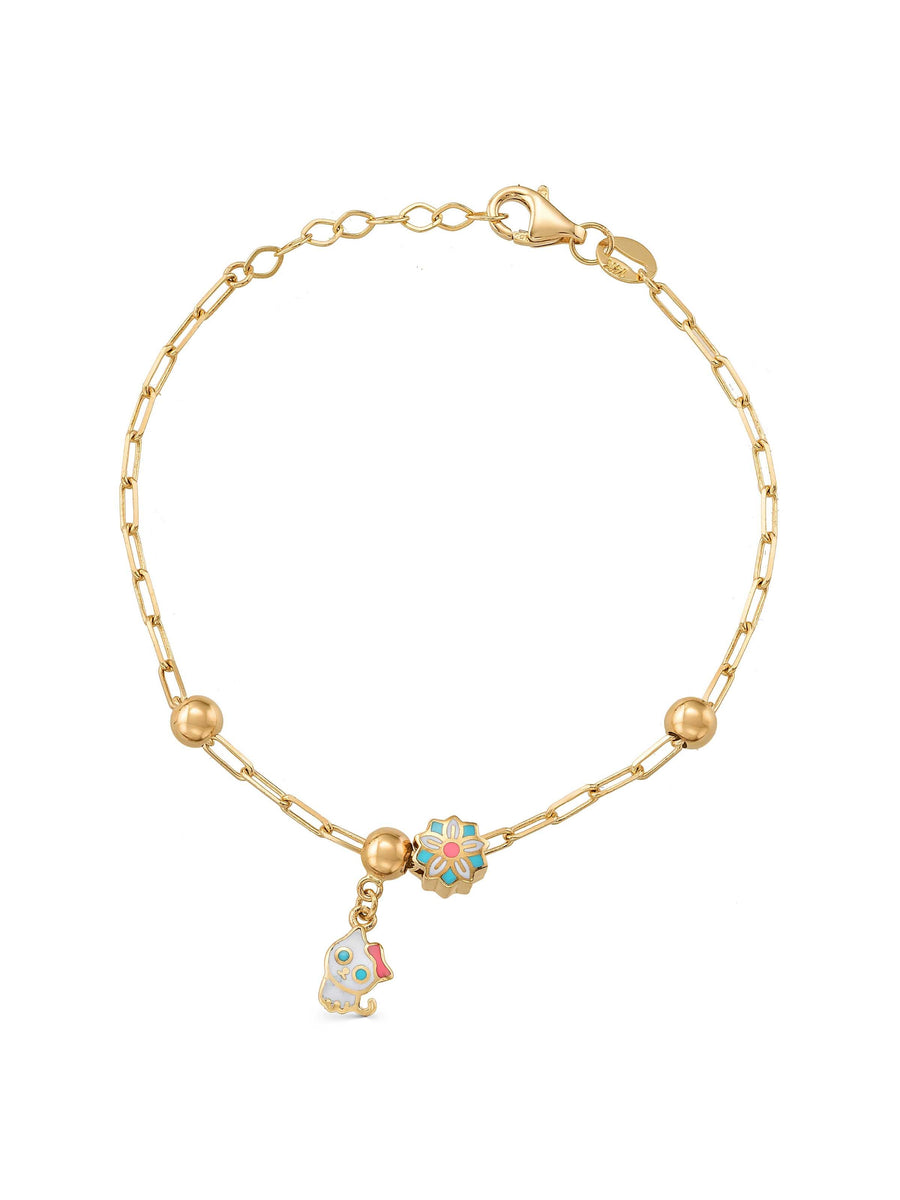 Flower & Cat Kids Bracelet in 14K Gold